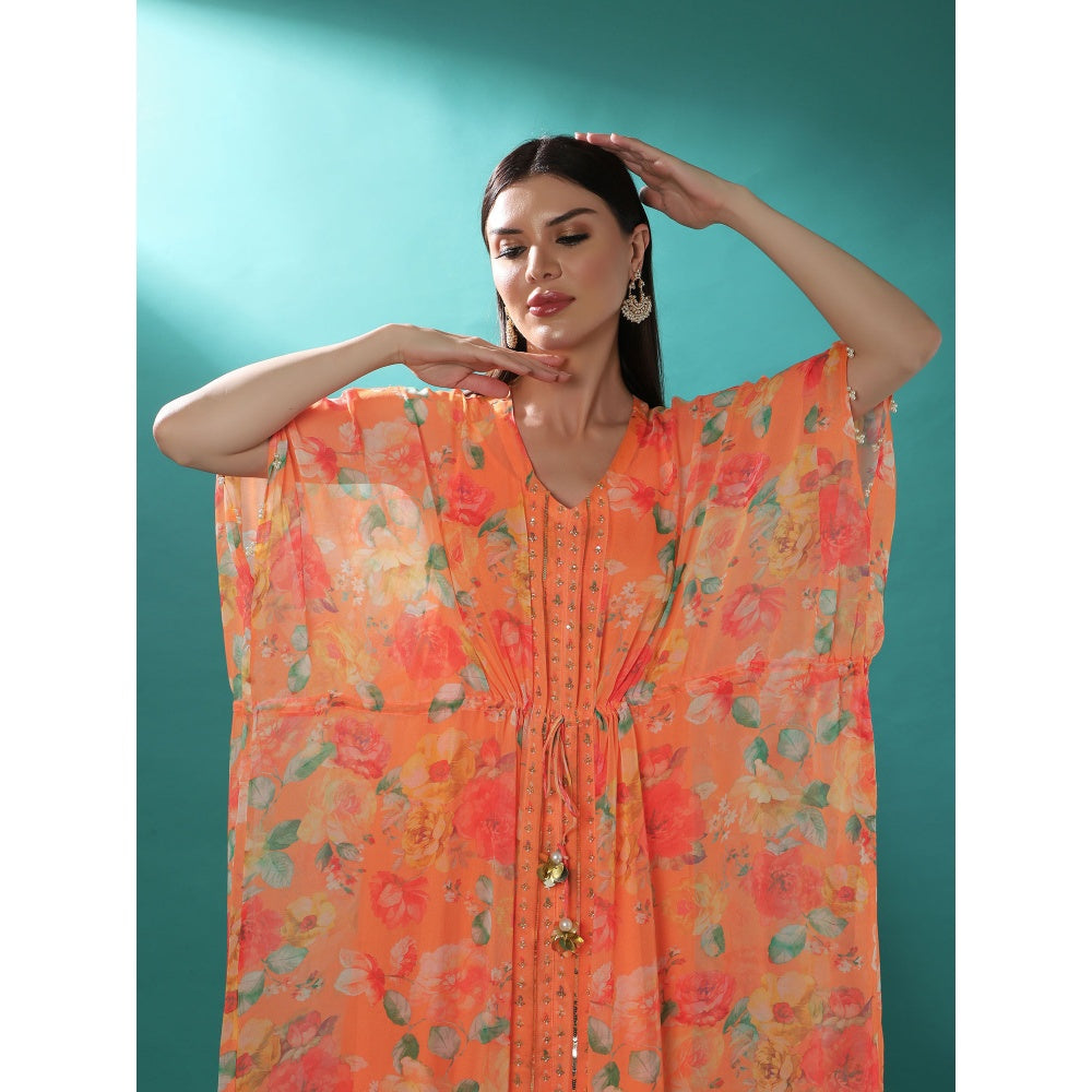 Bha-Sha Ambika Orange Floral Inner with Kaftan Dress (Set of 2)