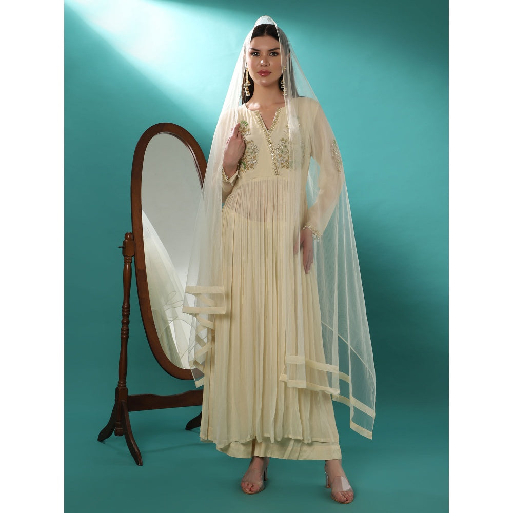 Bha-Sha Adira Ivory Embellished Anarkali Kurta with Palazzo & Dupatta (Set of 3)