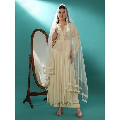 Bha-Sha Adira Ivory Embellished Anarkali Kurta with Palazzo & Dupatta (Set of 3)