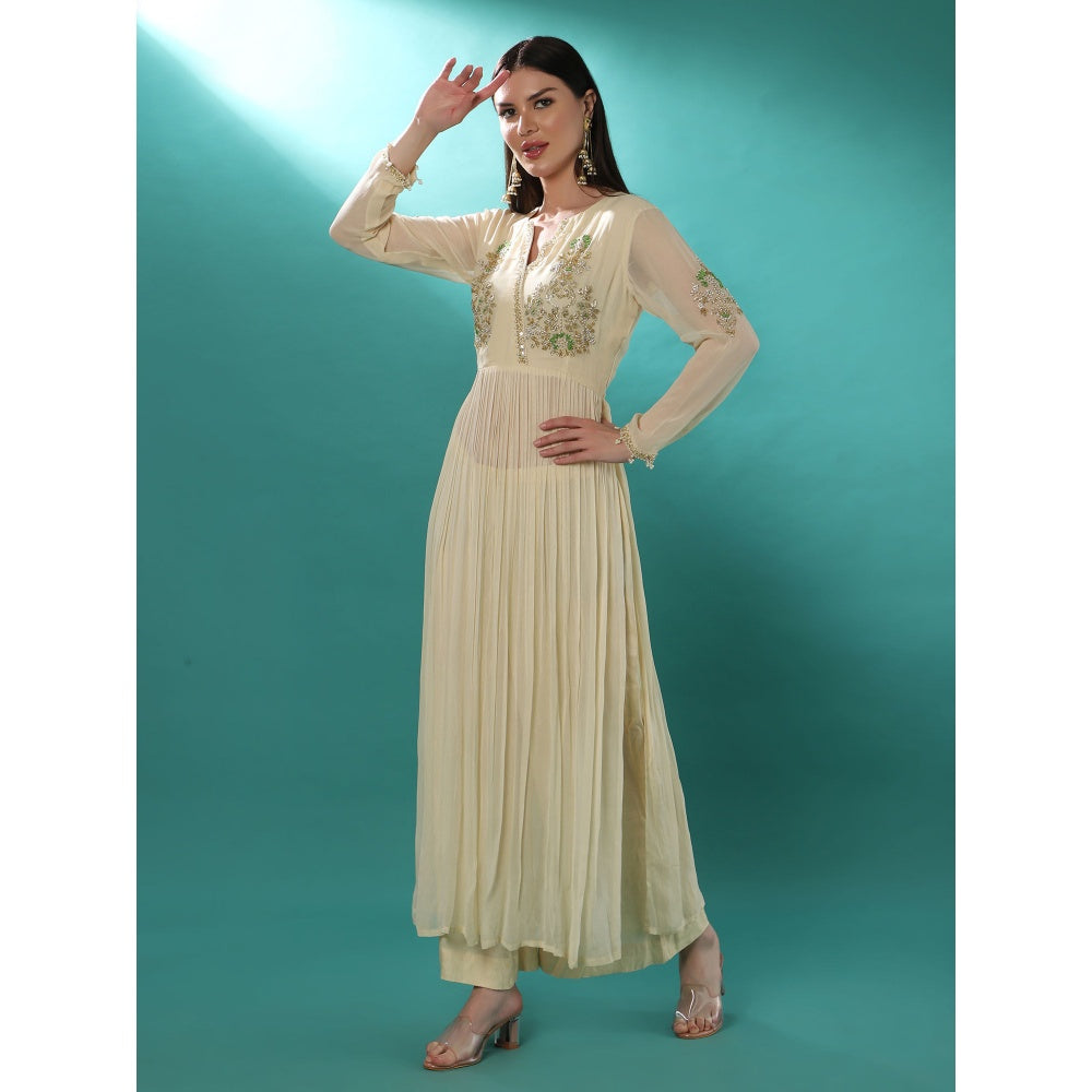 Bha-Sha Adira Ivory Embellished Anarkali Kurta with Palazzo & Dupatta (Set of 3)