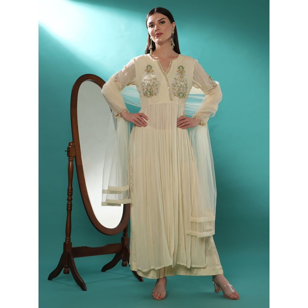Bha-Sha Adira Ivory Embellished Anarkali Kurta with Palazzo & Dupatta (Set of 3)