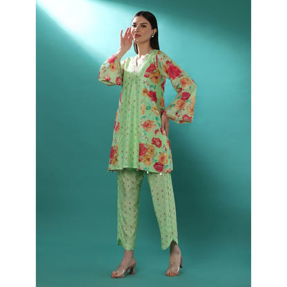 Bha-Sha Amara Green Floral Tunic with Pant (Set of 2)