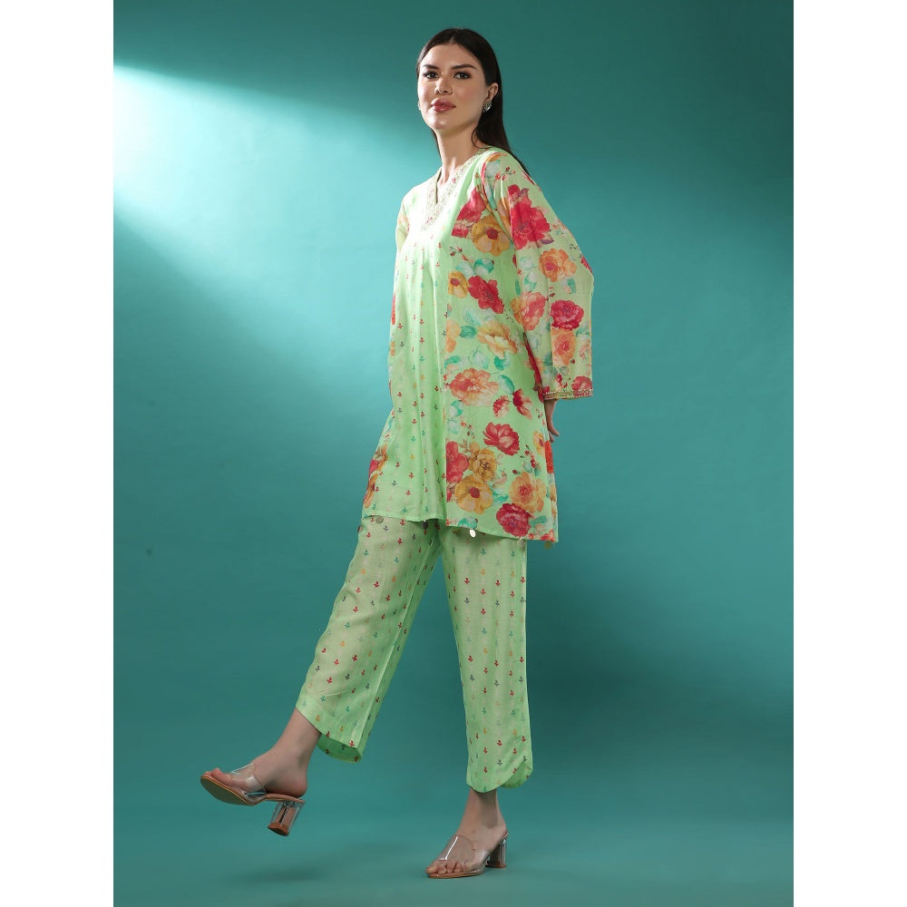 Bha-Sha Amara Green Floral Tunic with Pant (Set of 2)