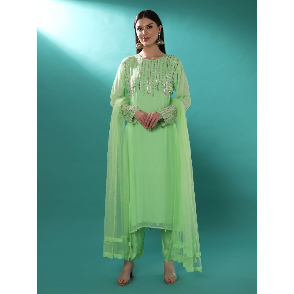 Bha-Sha Tulip Green Embellished Kurta with Pant & Dupatta (Set of 3)