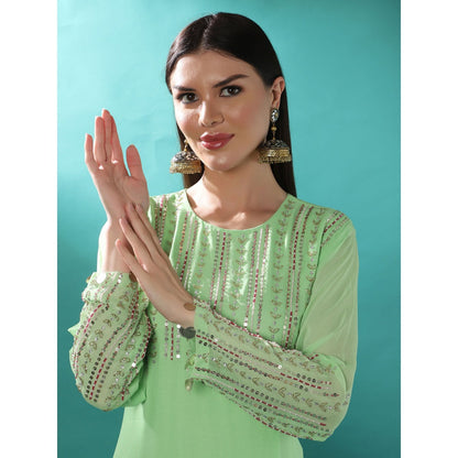 Bha-Sha Tulip Green Embellished Kurta with Pant & Dupatta (Set of 3)