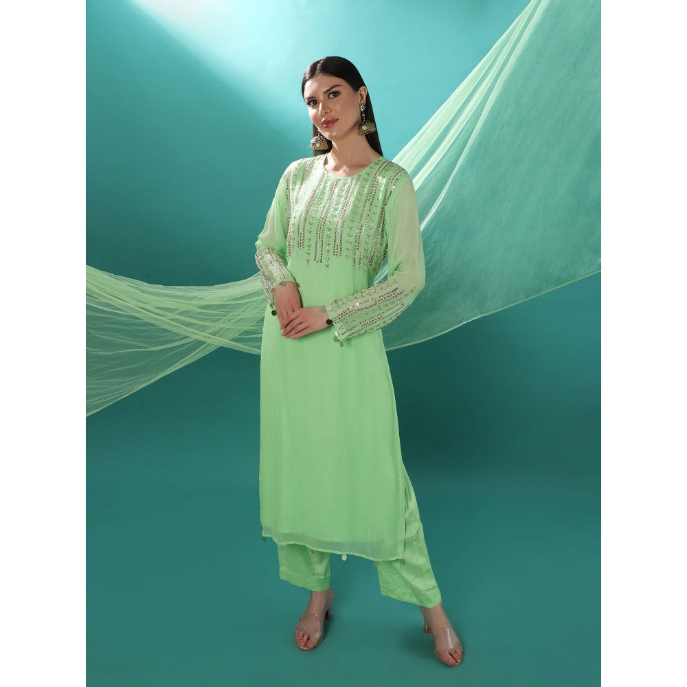 Bha-Sha Tulip Green Embellished Kurta with Pant & Dupatta (Set of 3)