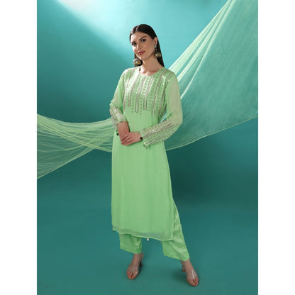 Bha-Sha Tulip Green Embellished Kurta with Pant & Dupatta (Set of 3)