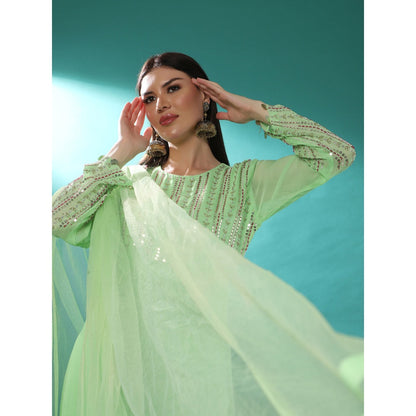 Bha-Sha Tulip Green Embellished Kurta with Pant & Dupatta (Set of 3)