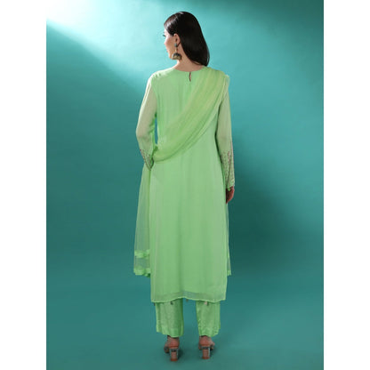 Bha-Sha Tulip Green Embellished Kurta with Pant & Dupatta (Set of 3)