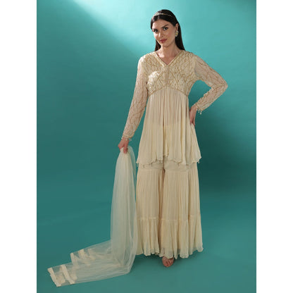 Bha-Sha Titli Ivory Embellished Tunic with Sharara & Dupatta (Set of 3)
