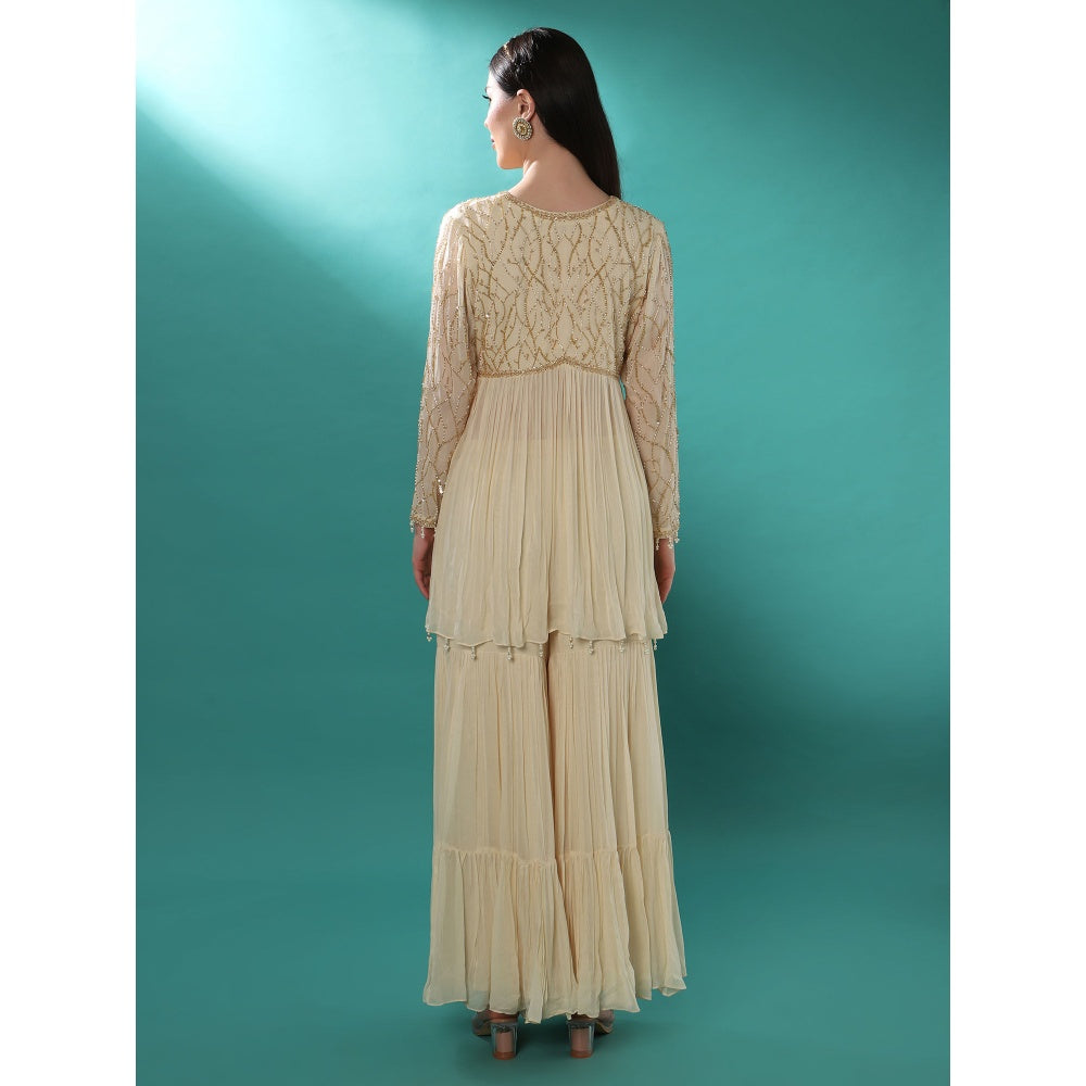 Bha-Sha Titli Ivory Embellished Tunic with Sharara & Dupatta (Set of 3)