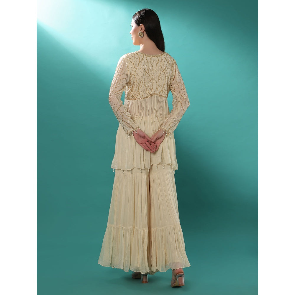 Bha-Sha Titli Ivory Embellished Tunic with Sharara & Dupatta (Set of 3)