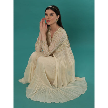 Bha-Sha Titli Ivory Embellished Tunic with Sharara & Dupatta (Set of 3)