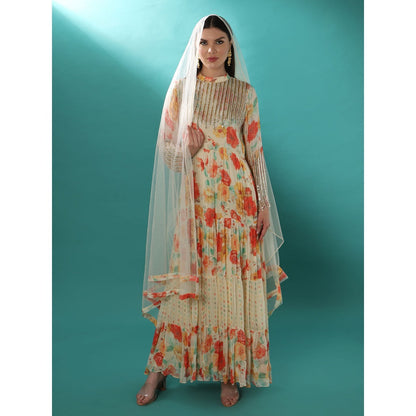 Bha-Sha Monica Ivory Floral Anarkali Kurta with Dupatta (Set of 2)