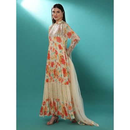 Bha-Sha Monica Ivory Floral Anarkali Kurta with Dupatta (Set of 2)