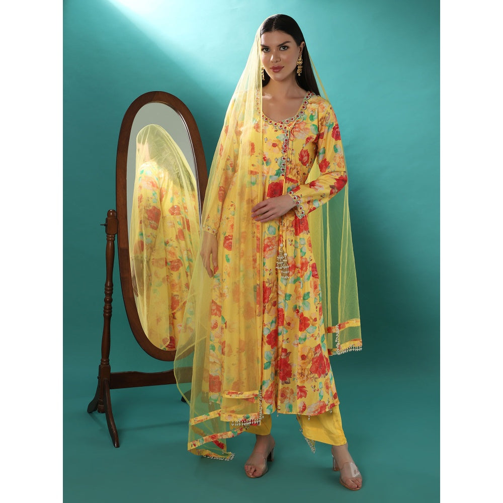 Bha-Sha Sana Yellow Floral Anarkali Kurta with Pant & Dupatta (Set of 3)