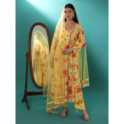 Bha-Sha Sana Yellow Floral Anarkali Kurta with Pant & Dupatta (Set of 3)