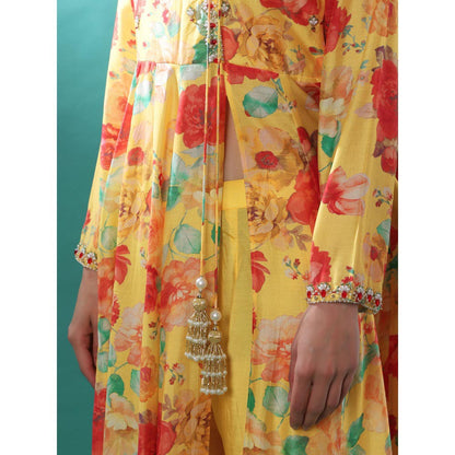 Bha-Sha Sana Yellow Floral Anarkali Kurta with Pant & Dupatta (Set of 3)