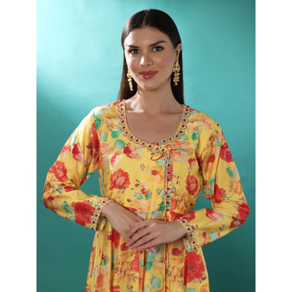 Bha-Sha Sana Yellow Floral Anarkali Kurta with Pant & Dupatta (Set of 3)