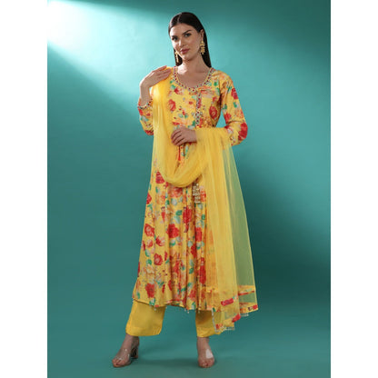 Bha-Sha Sana Yellow Floral Anarkali Kurta with Pant & Dupatta (Set of 3)