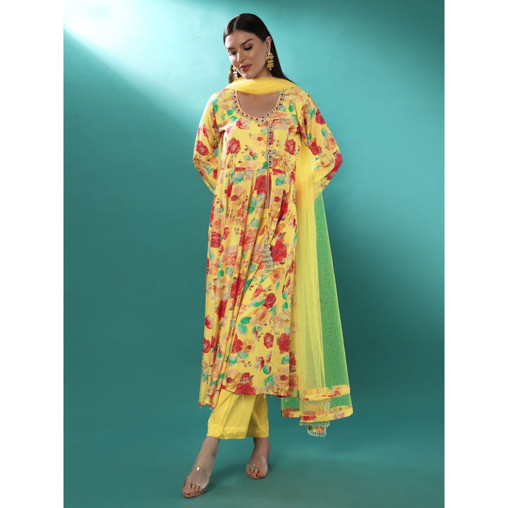 Bha-Sha Sana Yellow Floral Anarkali Kurta with Pant & Dupatta (Set of 3)