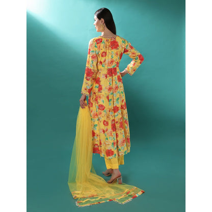 Bha-Sha Sana Yellow Floral Anarkali Kurta with Pant & Dupatta (Set of 3)