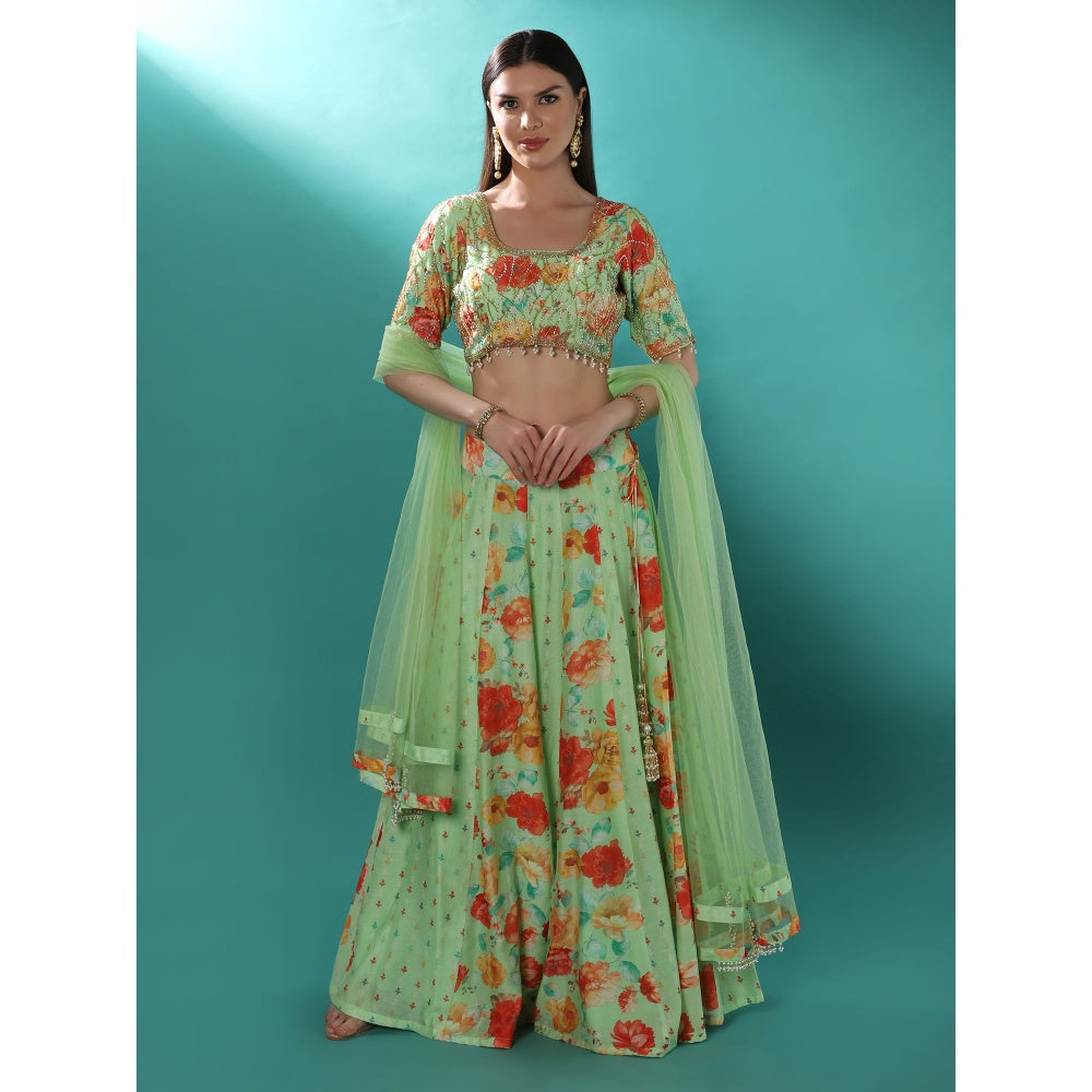 Bha-Sha Lily Green Floral Lehenga with Choli & Dupatta (Set of 3)