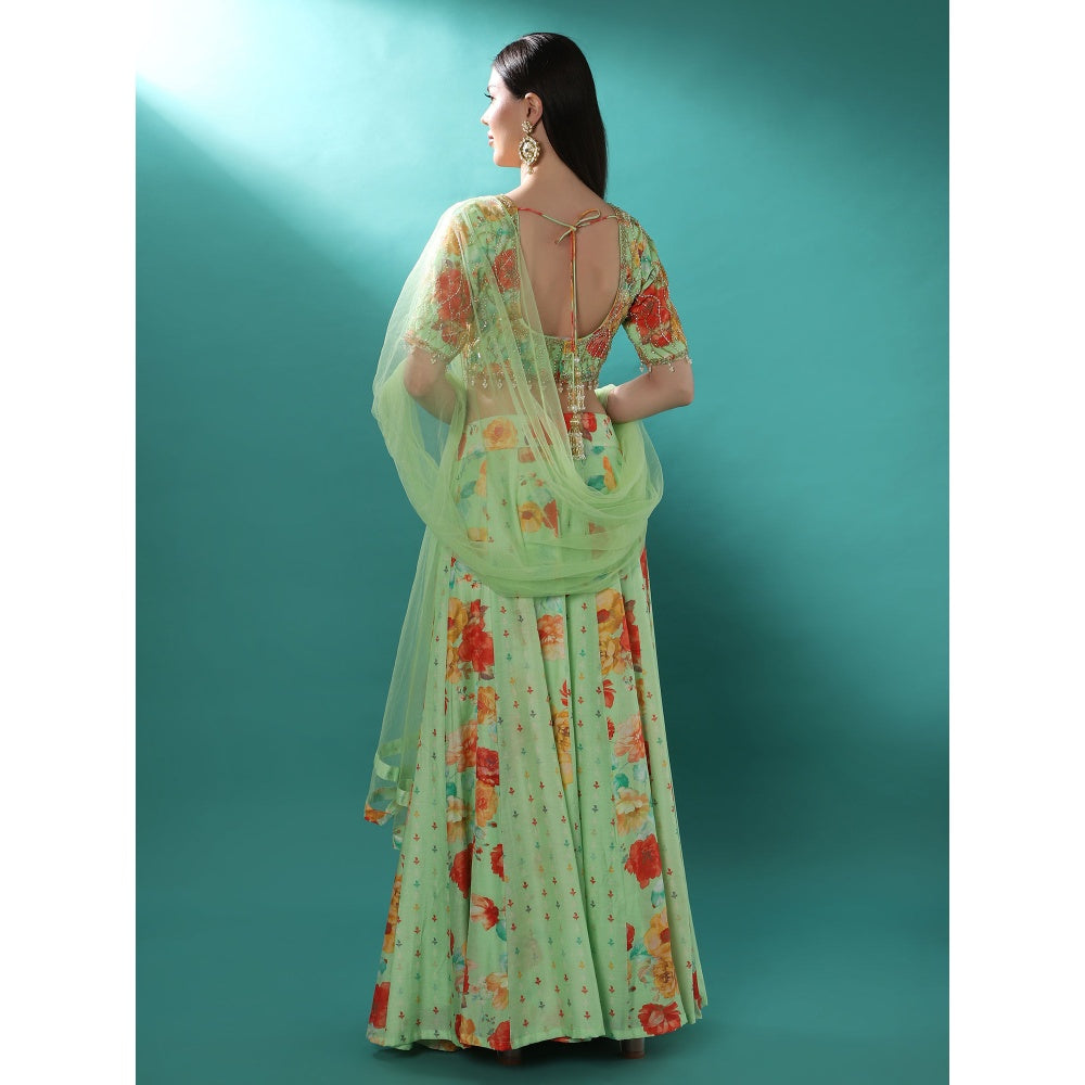 Bha-Sha Lily Green Floral Lehenga with Choli & Dupatta (Set of 3)