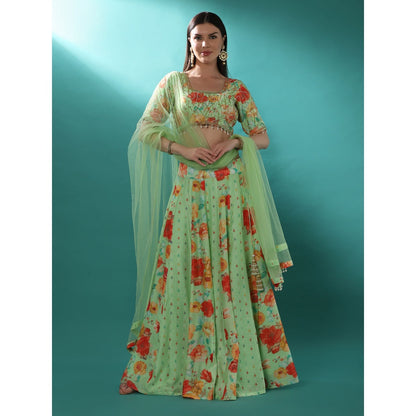 Bha-Sha Lily Green Floral Lehenga with Choli & Dupatta (Set of 3)