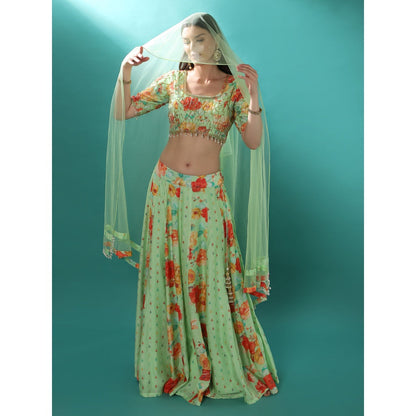 Bha-Sha Lily Green Floral Lehenga with Choli & Dupatta (Set of 3)