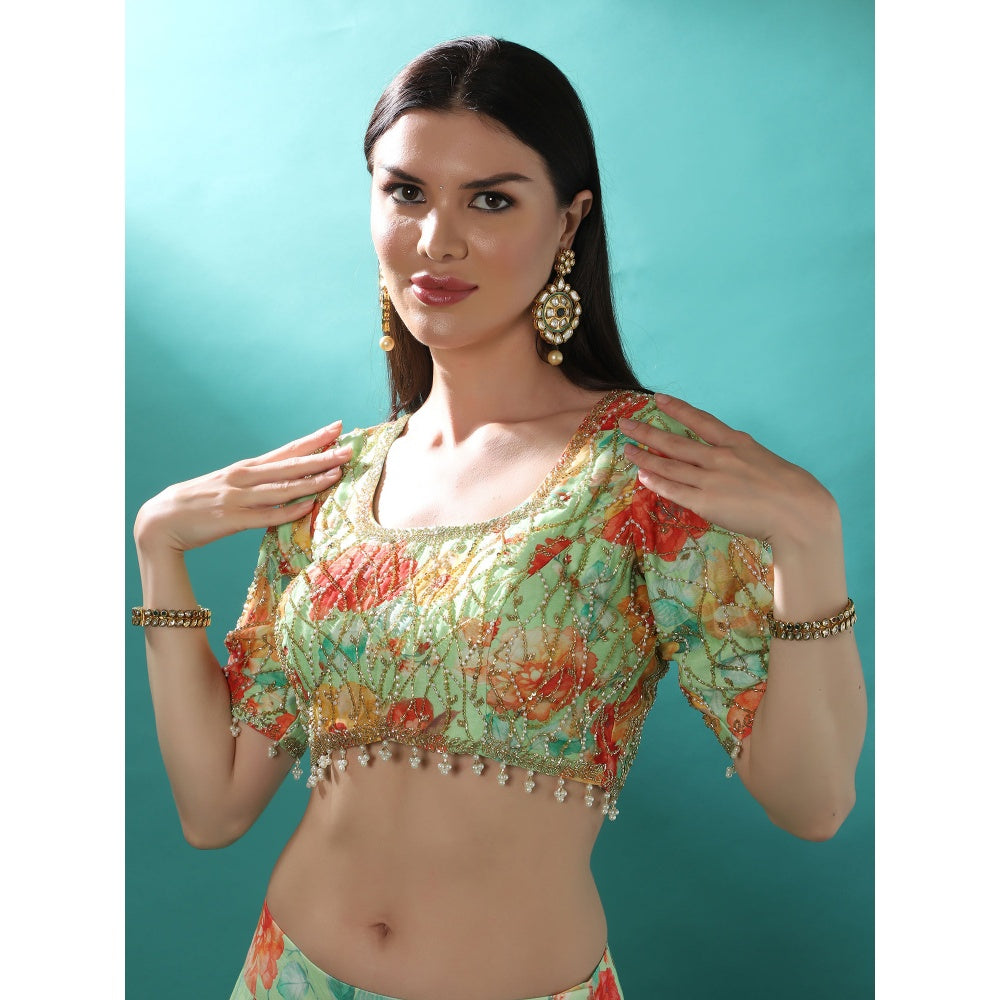 Bha-Sha Lily Green Floral Lehenga with Choli & Dupatta (Set of 3)