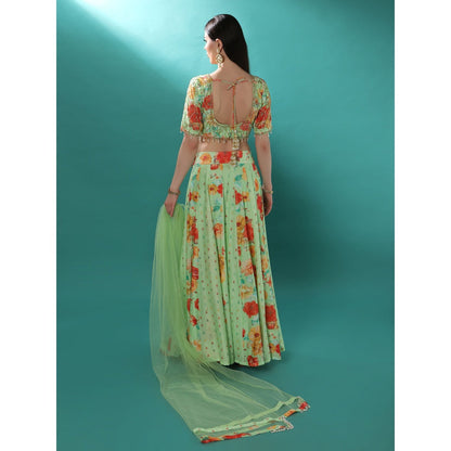Bha-Sha Lily Green Floral Lehenga with Choli & Dupatta (Set of 3)