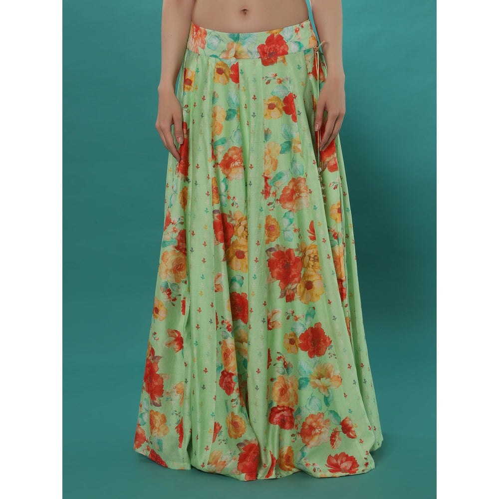 Bha-Sha Lily Green Floral Lehenga with Choli & Dupatta (Set of 3)