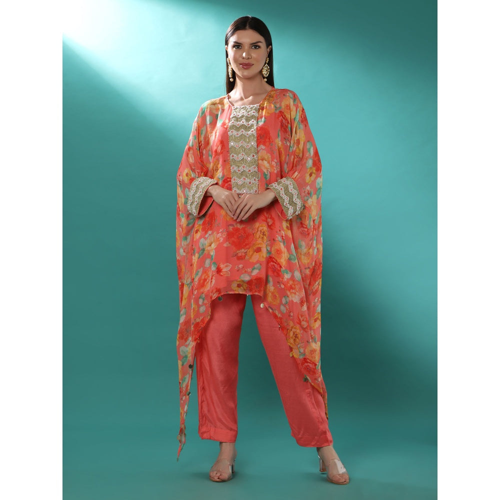 Bha-Sha Afrah Print Pink Floral Kaftan with Inner & Pant (Set of 3)