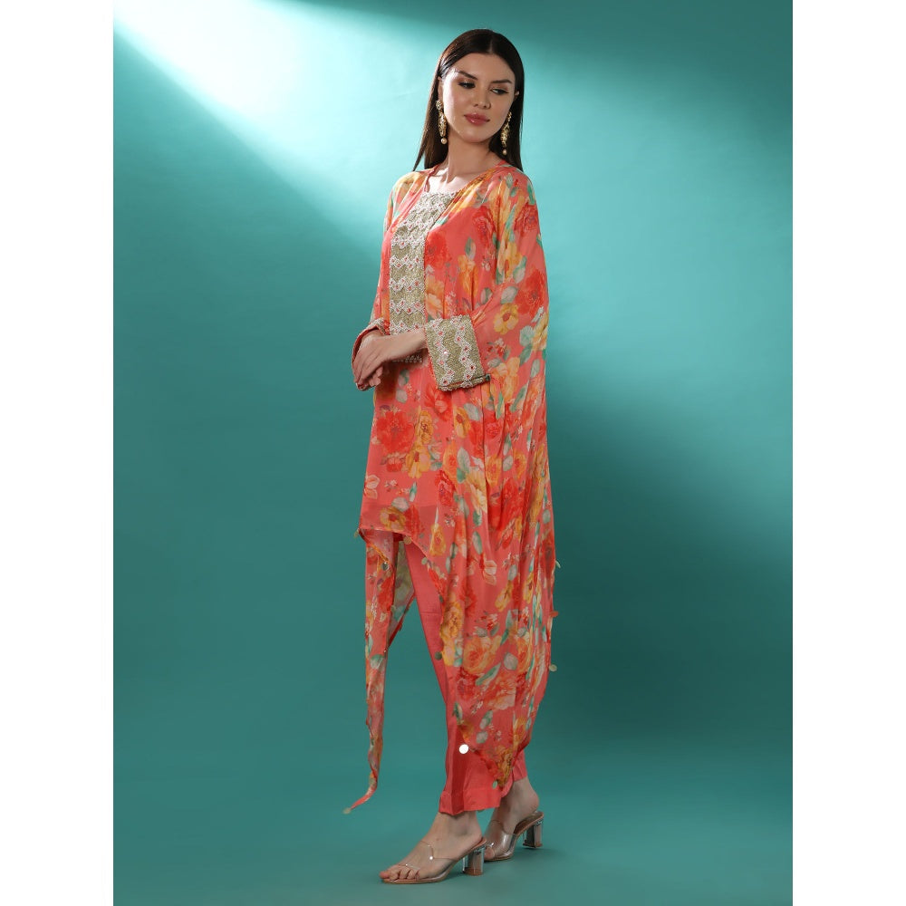 Bha-Sha Afrah Print Pink Floral Kaftan with Inner & Pant (Set of 3)