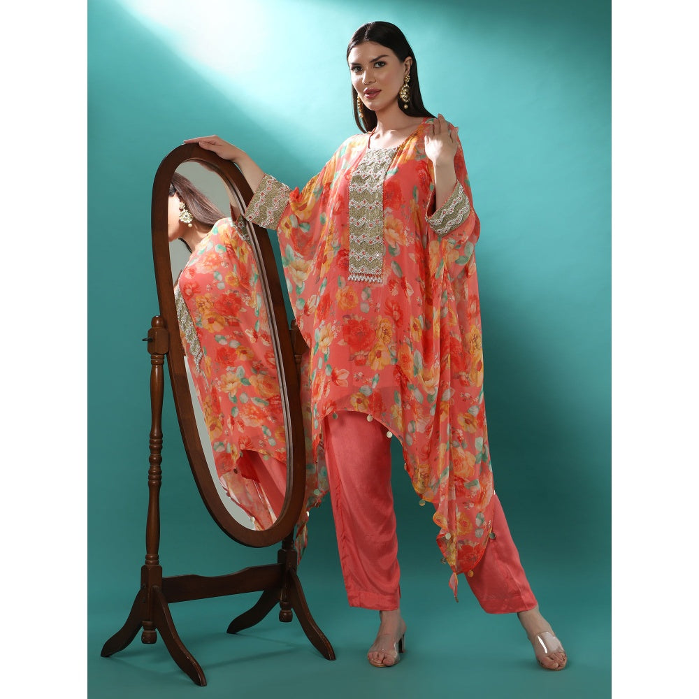Bha-Sha Afrah Print Pink Floral Kaftan with Inner & Pant (Set of 3)