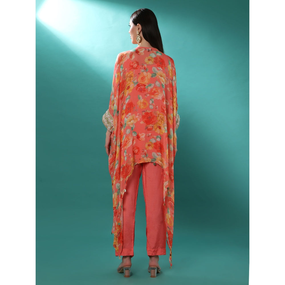Bha-Sha Afrah Print Pink Floral Kaftan with Inner & Pant (Set of 3)