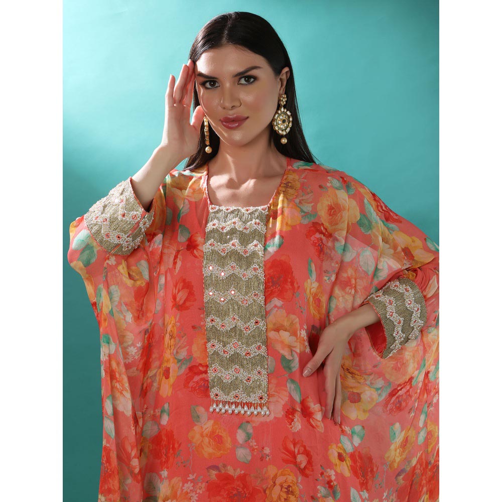 Bha-Sha Afrah Print Pink Floral Kaftan with Inner & Pant (Set of 3)