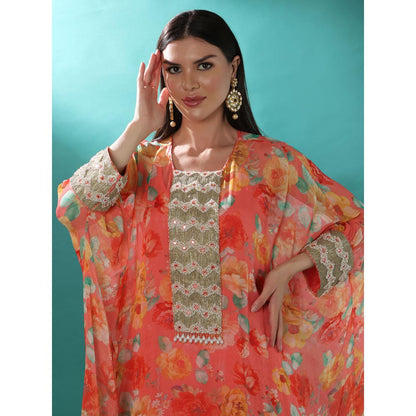 Bha-Sha Afrah Print Pink Floral Kaftan with Inner & Pant (Set of 3)