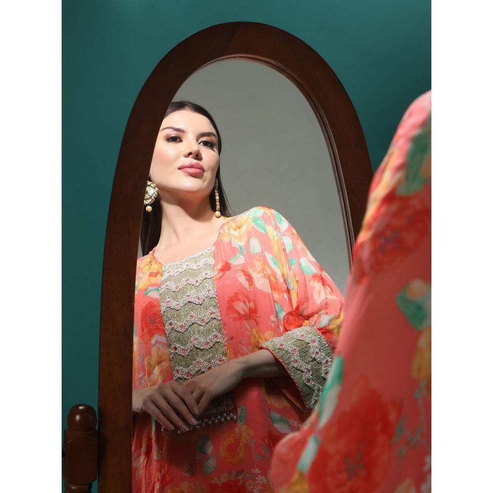 Bha-Sha Afrah Print Pink Floral Kaftan with Inner & Pant (Set of 3)