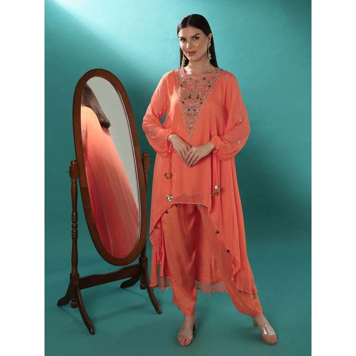 Bha-Sha Kervi Orange Embroidered Tunic with Pant (Set of 2)