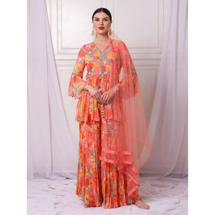 Bha-Sha Nikki Orange Floral Tunic with Sharara & Dupatta (Set of 3)