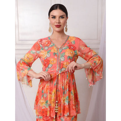 Bha-Sha Nikki Orange Floral Tunic with Sharara & Dupatta (Set of 3)
