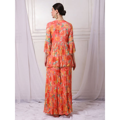 Bha-Sha Nikki Orange Floral Tunic with Sharara & Dupatta (Set of 3)