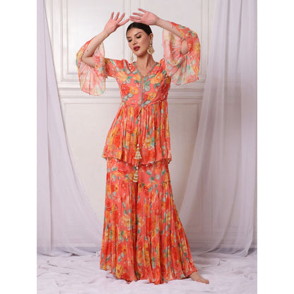 Bha-Sha Nikki Orange Floral Tunic with Sharara & Dupatta (Set of 3)