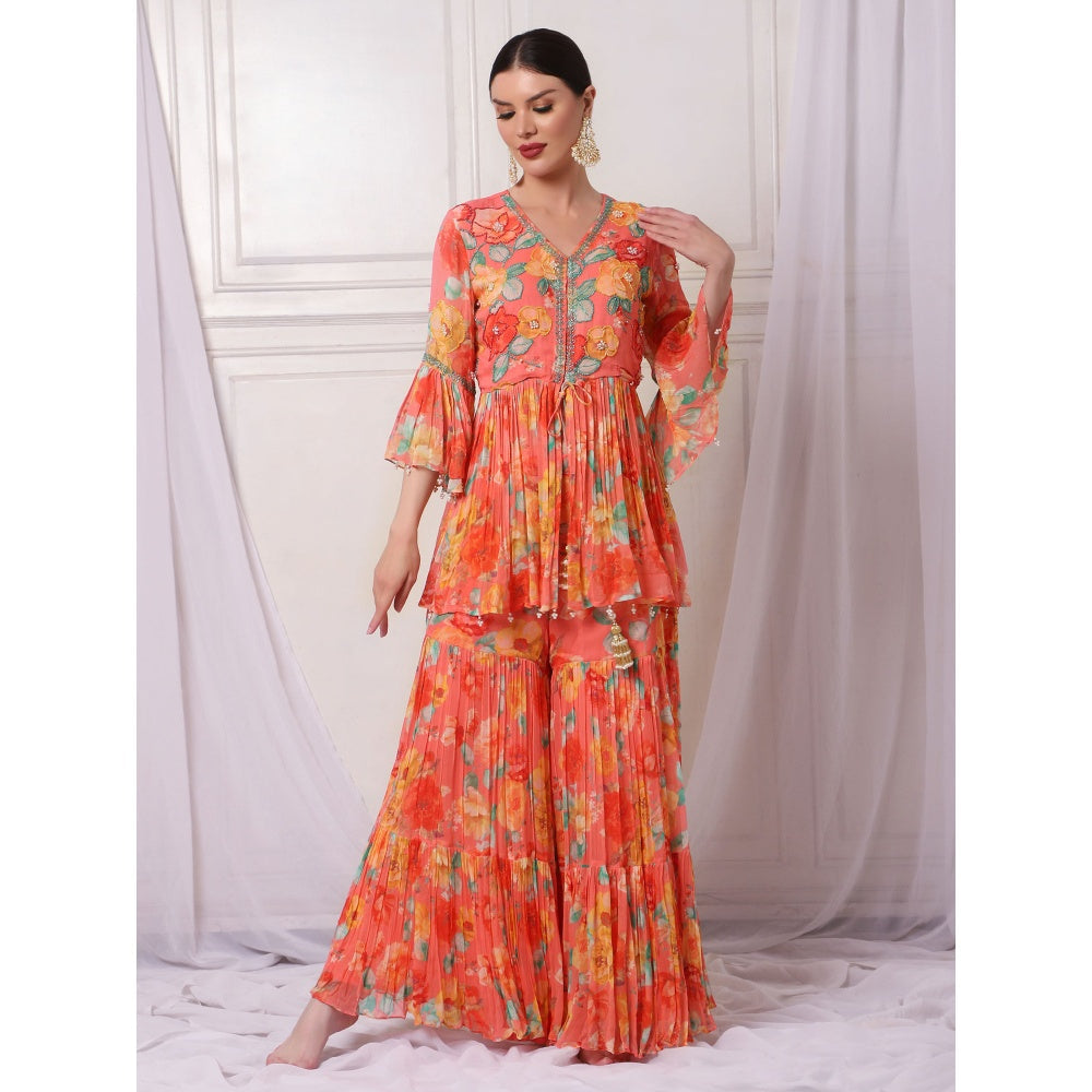 Bha-Sha Nikki Orange Floral Tunic with Sharara & Dupatta (Set of 3)