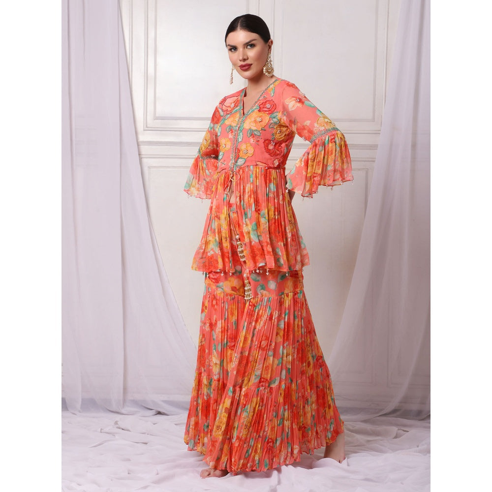 Bha-Sha Nikki Orange Floral Tunic with Sharara & Dupatta (Set of 3)