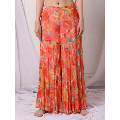 Bha-Sha Nikki Orange Floral Tunic with Sharara & Dupatta (Set of 3)