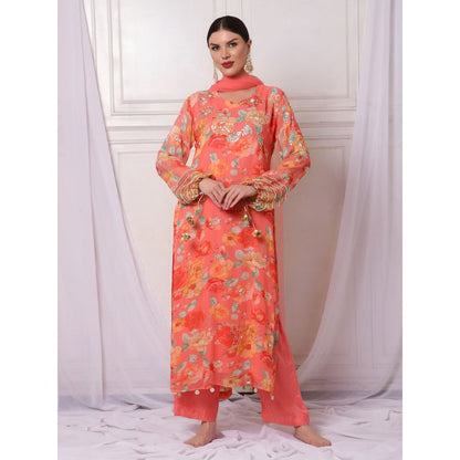 Bha-Sha Deepani Orange Floral Kurta with Pant & Dupatta (Set of 3)