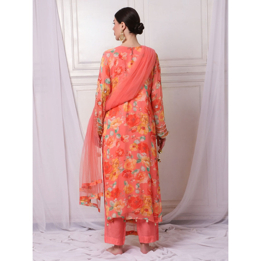 Bha-Sha Deepani Orange Floral Kurta with Pant & Dupatta (Set of 3)